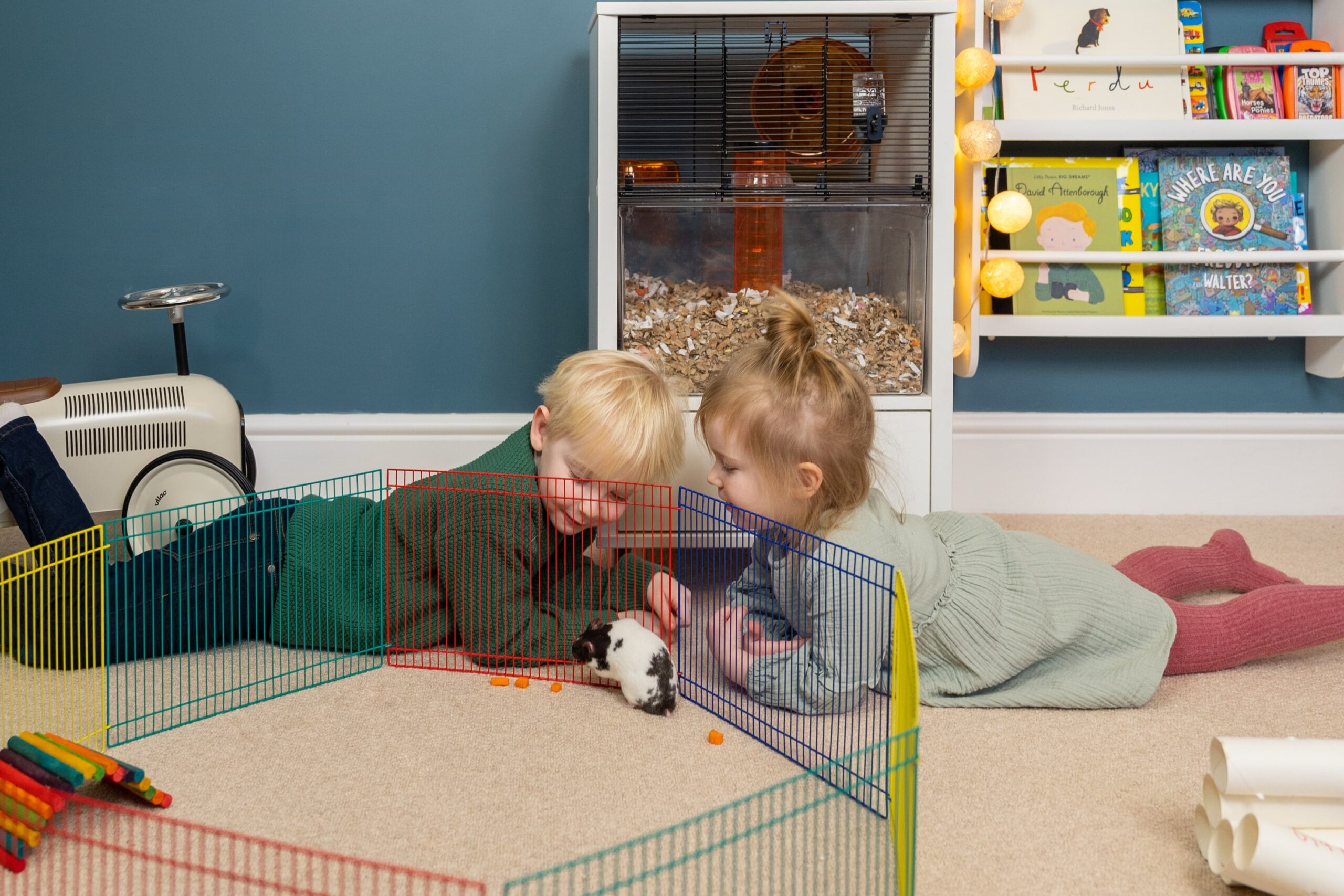 Twee kinderen kijken naar hun hamster in een speelren, Omlet Qute hamsterkooi op de achtergrond