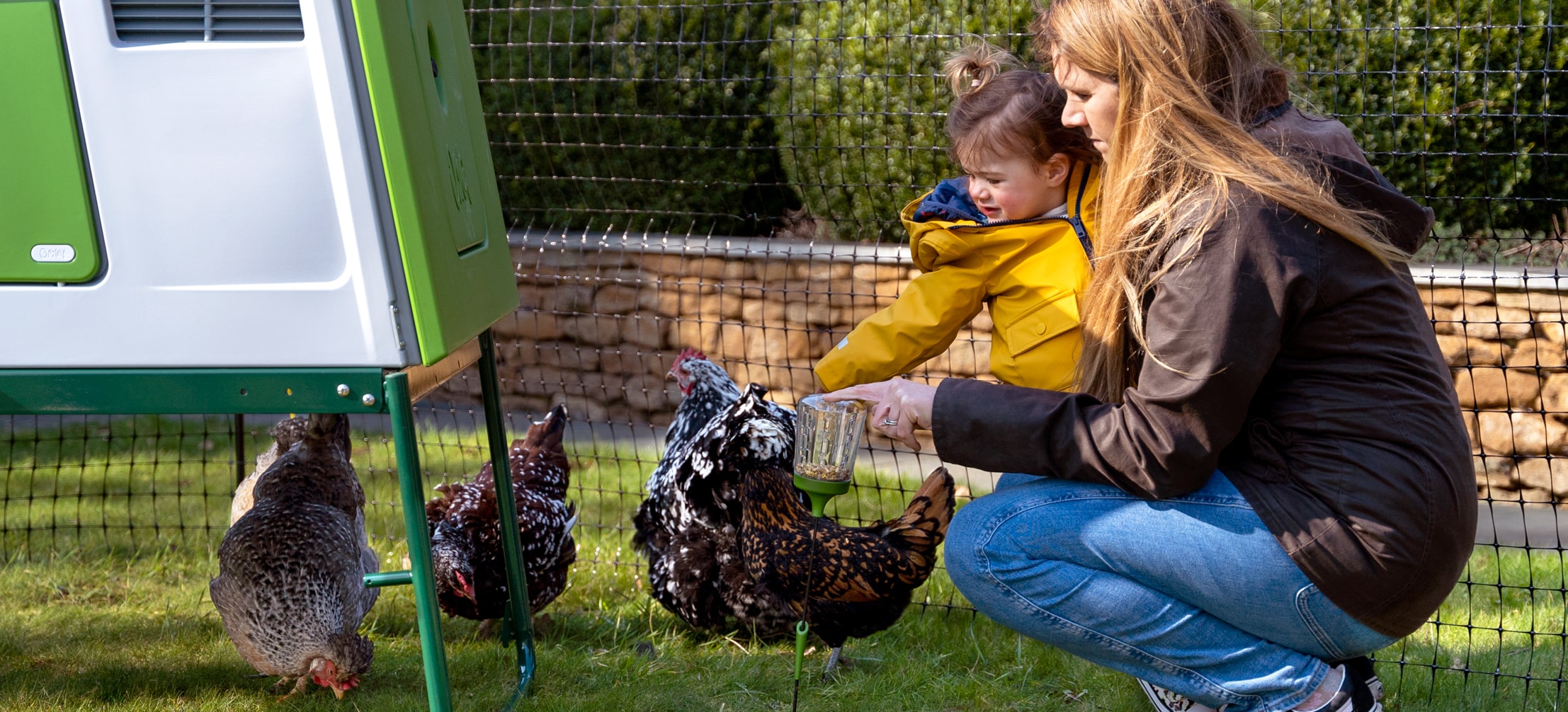 Meisje en moeder spelen met hun kippen bij het Eglu Cube kippenhok van Omlet. 