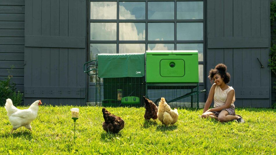Kies de geschikte kippen voor jou - Meisje zit met vrije-uitloop kippen buiten de Eglu Cube 