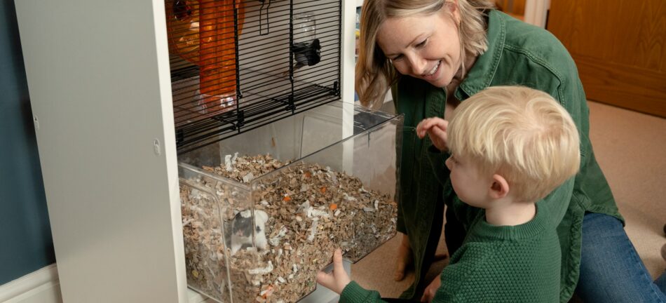 Jongen en zijn moeder hebben interactie met de hamster in de Omlet Qute hamsterkooi 