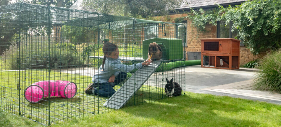 Meisje voert konijnen terwijl ze de Zippi Platformen van Omlet gebruiken