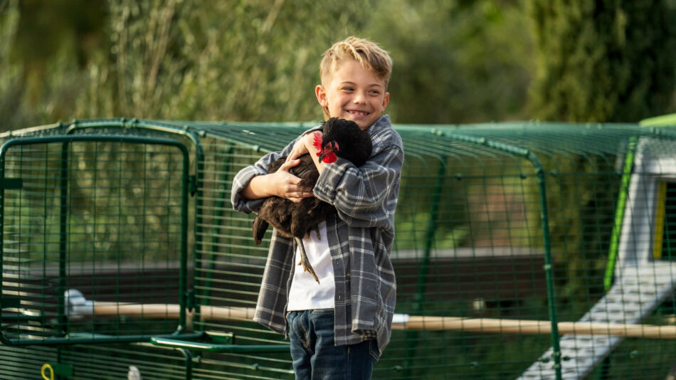 Kleine jongen houdt een kip vast naast de Eglu Pro van Omlet 