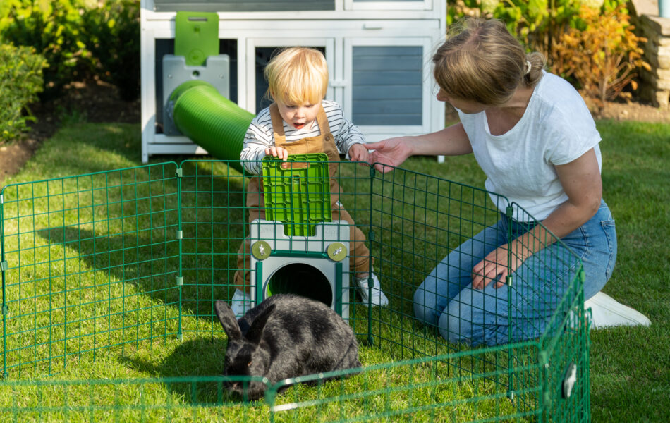 Kind en vrouw spelen met een konijn in de Omlet Zippi Speelren 